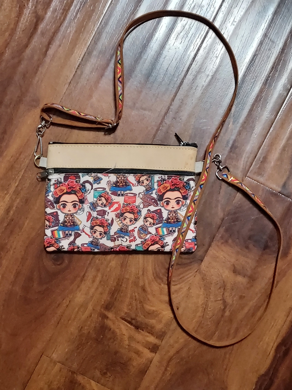 Beige and Multicolor Crossbody Bag with Art Print